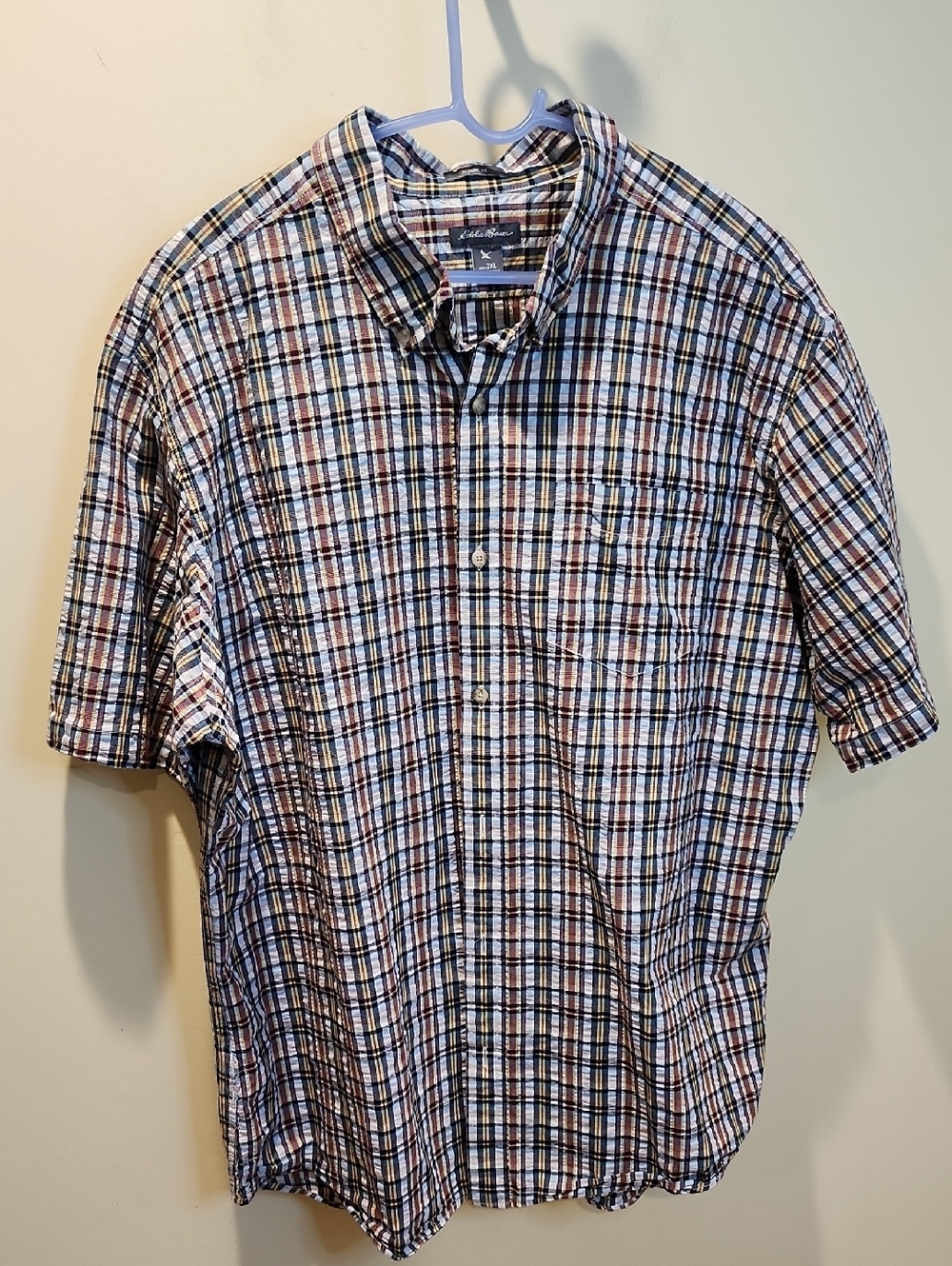 Eddie Bauer Men's Short-Sleeve Plaid Button-Down Shirt - Blue/Brown/White